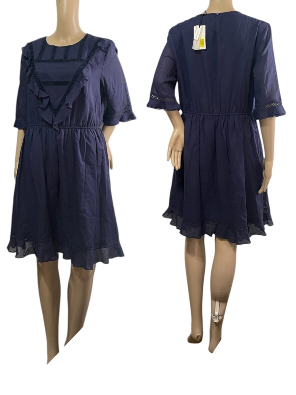 a loves a ruffle navy blue dress dainty prairie preppy classic wedding sz L